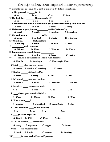 Ôn tập Tiếng anh học kỳ 1 Lớp 7 - Năm học 2020-2021