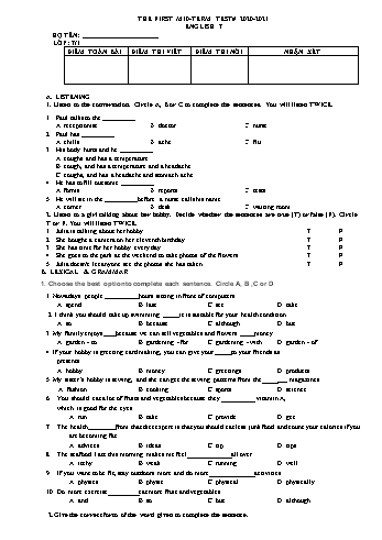 The first mid-term test English 7 2020-2021