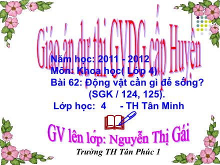 Bài giảng Khoa học Lớp 4 - Bài 62: Động vật cần gì để sống? - Nguyễn Thị Gái