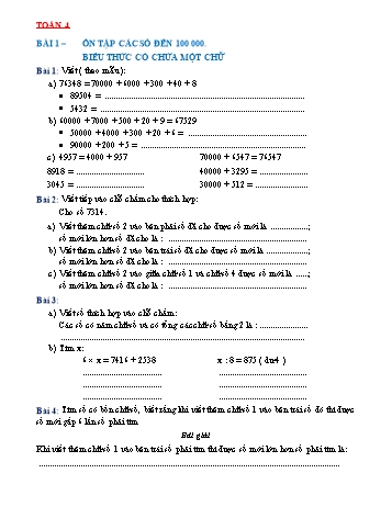 Bài tập Toán Lớp 4 - Bài 1: Ôn tập các số đến 100 000. Biểu thức có chứa một chữ