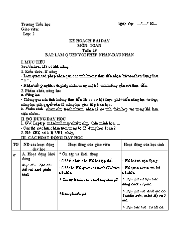 Giáo án Toán Lớp 2 - Sách Cánh diều - Tuần 19 - Năm học 2020-2021