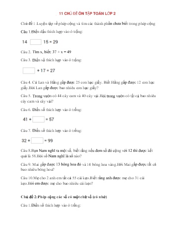 11 Chủ đề ôn tập môn Toán Lớp 2