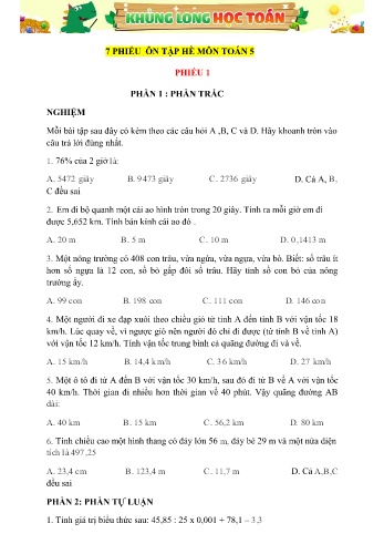 7 Phiếu ôn hè môn Toán 5 lên 6