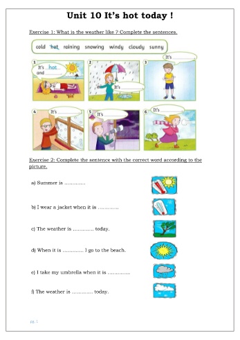 Bài tập ôn hè môn Tiếng Anh Lớp 2 - Unit 10: It’s hot today!