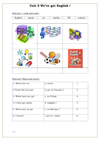 Bài tập ôn hè môn Tiếng Anh Lớp 2 - Unit 5: We’ve got English!