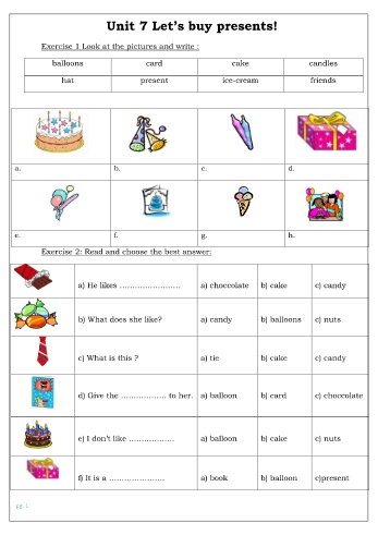 Bài tập ôn hè môn Tiếng Anh Lớp 2 - Unit 7: Let’s buy presents!