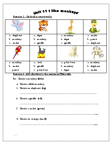 Bài tập Tiếng Anh Lớp 1 - Unit 11: I like monkeys!
