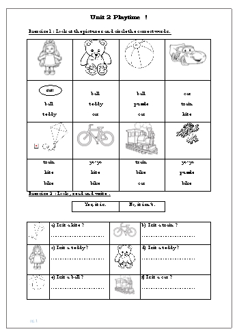 Bài tập Tiếng Anh Lớp 1 - Unit 2: Playtime!