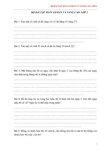 Bộ bài tập toán cơ bản và nâng cao Lớp 2