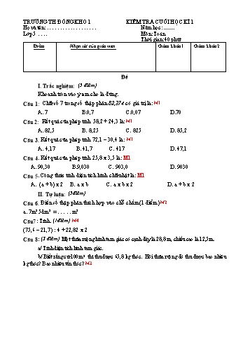 Đề kiểm tra định kì học kì I môn Toán Lớp 5 - Đề 3 (Có đáp án)