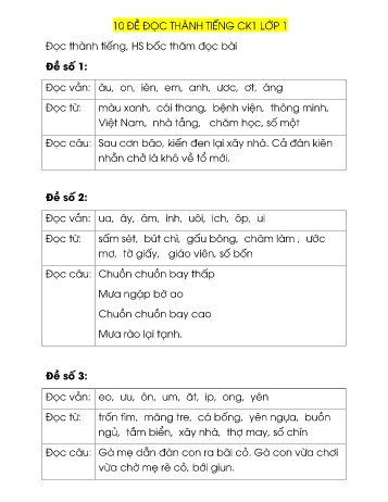 10 Đề đọc thành tiếng cuối kì 1 Lớp 1