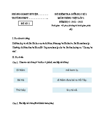 11 Đề kiểm tra giữa học kì I môn Tiếng Việt Lớp 1 - Năm học 2021-2022