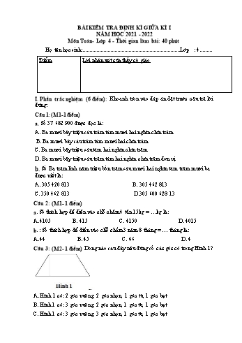 Đề kiểm tra giữa học kì I môn Toán Lớp 4 - Năm học 2021-2022 (Có đáp án)