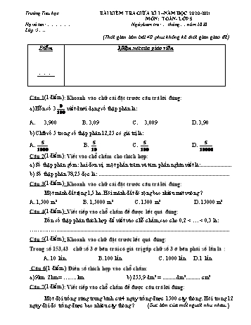 Đề kiểm tra giữa học kì I môn Toán Lớp 5 - Năm học 2020-2021 (Có đáp án)