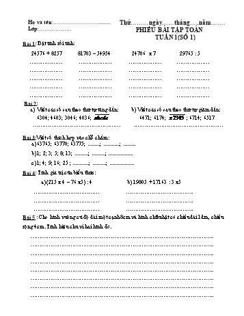 Phiếu bài tập cuối tuần môn Toán Lớp 4