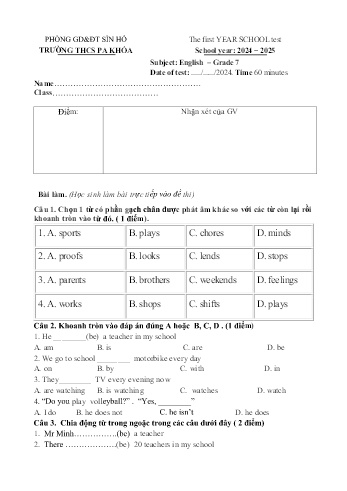 Đề khảo sát chất lượng đầu năm môn Tiếng Anh, Toán học, Ngữ văn - Năm học 2024-2025 - Trường THCS Pa Khóa