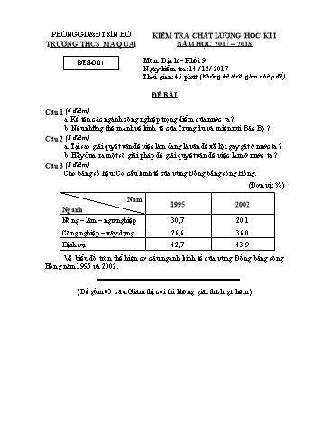 Đề kiểm tra học kỳ 1 môn Địa lý Lớp 9 (Đề 1+2) - Năm học 2017-2018 - Trường THCS Ma Quai (Có đáp án + Ma trận)
