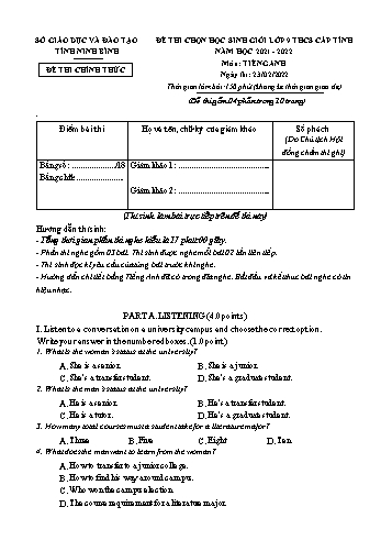 Đề thi chọn HSG Sinh học Lớp 9 - Năm học 20201-2022 - Sở GD&ĐT Ninh Bình (Viết, Nghe, Nói - Có đáp án + file nghe)