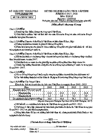 Đề thi học sinh giỏi môn Địa lý Lớp 9 - Năm học 2017-2018 - Sở GD&ĐT Ninh Bình (Có đáp án)