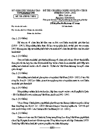 Đề thi học sinh giỏi môn Lịch sử Lớp 9 - Năm học 2020-2021 - Sở GD&ĐT Ninh Bình (Có đáp án)