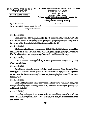Đề thi học sinh giỏi môn Lịch sử Lớp 9 - Năm học 2021-2022 - Sở GD&ĐT Ninh Bình (Có đáp án)