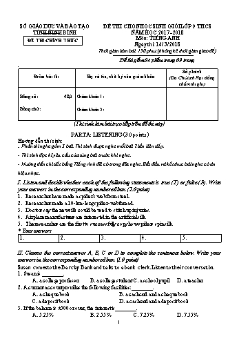 Đề thi học sinh giỏi môn Tiếng Anh Lớp 9 (Viết) - Năm học 2017-2018 - Sở GD&ĐT Ninh Bình (Có đáp án)
