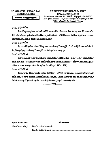 Đề tuyển sinh Lớp 10 chuyên môn Lịch sử - Năm học 2021-2022 - Sở GD&ĐT Ninh Bình (Có đáp án)