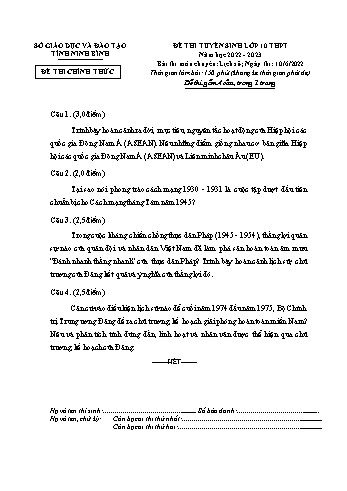 Đề tuyển sinh Lớp 10 chuyên môn Lịch sử - Năm học 2022-2023 - Sở GD&ĐT Ninh Bình (Có đáp án)