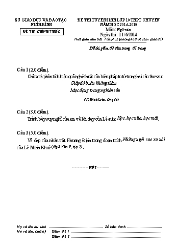 Đề tuyển sinh Lớp 10 chuyên môn Ngữ văn (Ngày 1) - Năm học 2014-2015 - Sở GD&ĐT Ninh Bình (Có đáp án)