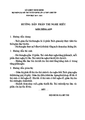 Đề tuyển sinh Lớp 10 chuyên môn Tiếng Anh - Năm học 2014-2015 - Sở GD&ĐT Ninh Bình (Có file nghe)