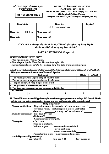 Đề tuyển sinh Lớp 10 chuyên môn Tiếng Anh (Nghe, Nói, Viết) - Năm học 2021-2022 - Sở GD&ĐT Ninh Bình (Có đáp án + file nghe)