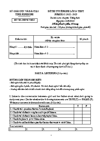 Đề tuyển sinh Lớp 10 chuyên môn Tiếng Anh (Nghe, nói, viết) - Năm học 2022-2023 - Sở GD&ĐT Ninh Bình (Có đáp án + file nghe)