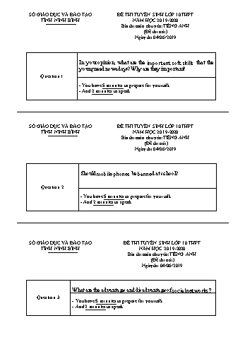 Đề tuyển sinh Lớp 10 môn Tiếng Anh - Năm học 2019-2020 - Sở GD&ĐT Ninh Bình (Có đáp án + file nghe)