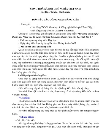 Đơn công nhận sáng kiến Nâng cao kỹ năng giải toán hình học không gian cho học sinh Lớp 9