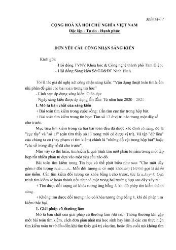 Đơn công nhận sáng kiến Vận dụng thuật toán tìm kiếm nhị phân để giải các bài toán trong tin học