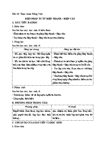 Kế hoạch bài dạy Ngữ văn 9 - Tiết 19: Biện pháp tu từ điệp thanh - điệp vần
