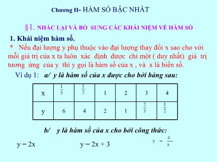 Bài giảng Toán học Lớp 9 - Chương 2, Bài 1: Nhắc lại và bổ sung các khái niệm về hàm số