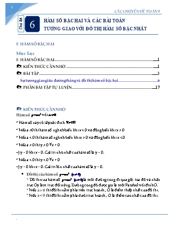 Các Chuyên đề Toán học Lớp 9 - Chủ đề 6: Hàm số bậc hai và các bài toán tương giao với đồ thị hàm số bậc nhất