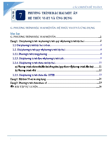 Các Chuyên đề Toán học Lớp 9 - Chủ đề 7: Phương trình bậc hai một ẩn hệ thức Vi-et và ứng dụng