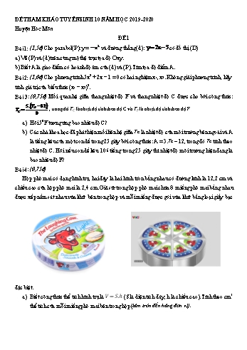 Đề tham khảo thi tuyển sinh Lớp 10 môn Toán học (Đề 1) - Năm học 2019-2020 - Huyện Hóc Môn (Có đáp án)