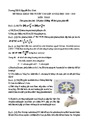 Đề tham khảo thi tuyển sinh Lớp 10 môn Toán học - Năm học 2019-2020 - Trường THCS Nguyễn Thái Bình (Có đáp án)