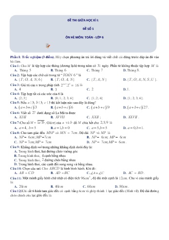 Đề thi giữa học kỳ 1 môn Toán học Lớp 6 (Có đáp án)