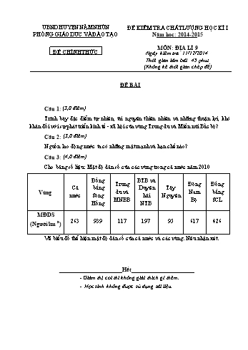 Đề thi học kỳ 1 Lớp 9 môn Địa lý - Năm học 2014-2015 - Phòng GD&ĐT Nậm Nhùn (Có đáp án + Đề dự bị)