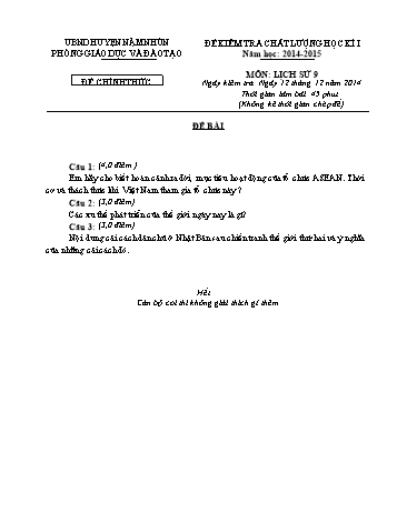 Đề thi học kỳ 1 Lớp 9 môn Lịch sử (Đề chính thức) - Năm học 2014-2015 - Phòng GD&ĐT Nậm Nhùn (Có đáp án)