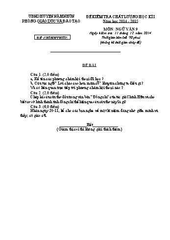 Đề thi học kỳ 1 Lớp 9 môn Ngữ văn - Năm học 2014-2015 - Phòng GD&ĐT Nậm Nhùn (Có đáp án + Đề dự bị)