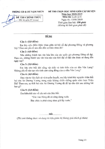Đề thi HSG cấp huyện Lớp 6 môn Lịch sử - Năm học 2018-2019 - Phòng GD&ĐT Nậm Nhùn (Có đáp án)