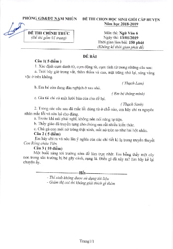 Đề thi HSG cấp huyện Lớp 6 môn Ngữ văn - Năm học 2018-2019 - Phòng GD&ĐT Nậm Nhùn (Có đáp án)