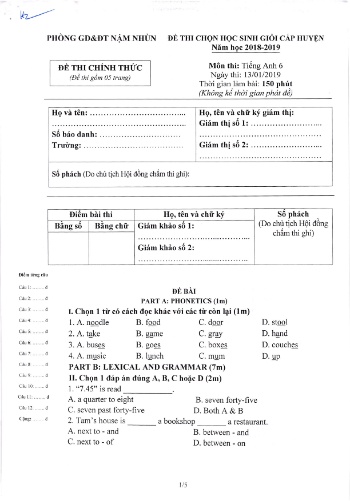 Đề thi HSG cấp huyện Lớp 6 môn Tiếng Anh - Năm học 2018-2019 - Phòng GD&ĐT Nậm Nhùn (Có đáp án)