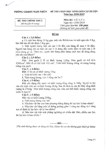 Đề thi HSG cấp huyện Lớp 6 môn Vật lý - Năm học 2018-2019 - Phòng GD&ĐT Nậm Nhùn (Có đáp án)