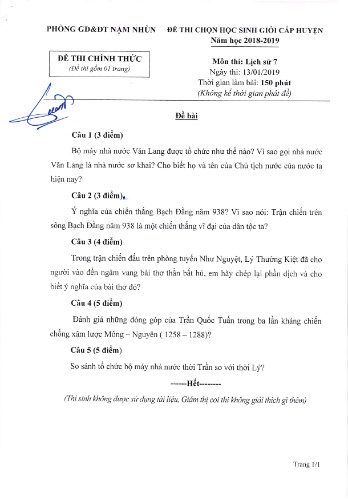 Đề thi HSG cấp huyện Lớp 7 môn Lịch sử - Năm học 2018-2019 - Phòng GD&ĐT Nậm Nhùn (Có đáp án)